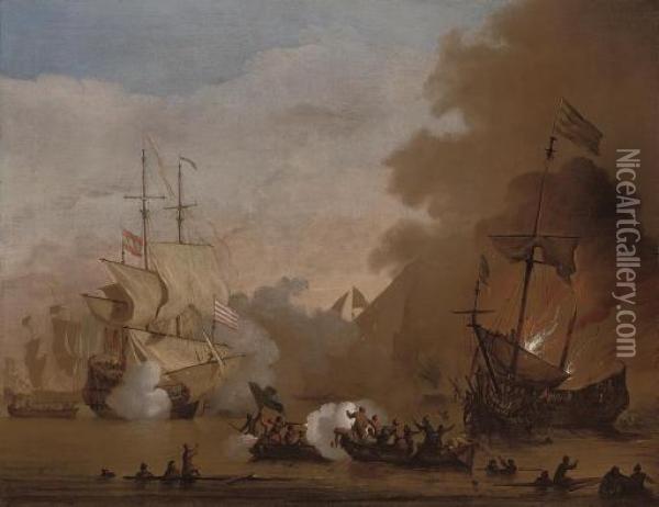 An Action Between An English Ship And Vessels Of The Barbary Corsairs Oil Painting - Willem van de, the Elder Velde