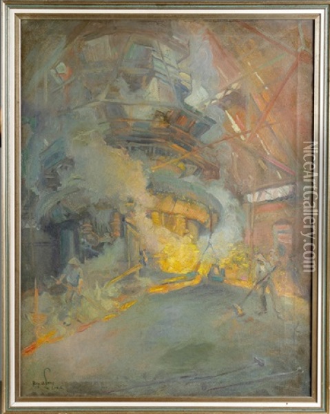 The Blast, Iron Furnaces Oil Painting - Alexander Oscar Levy