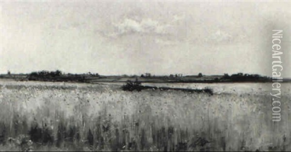 Extensive Coastal Landscape With A Cornfield Oil Painting - Pierre Emmanuel Eugene Damoye