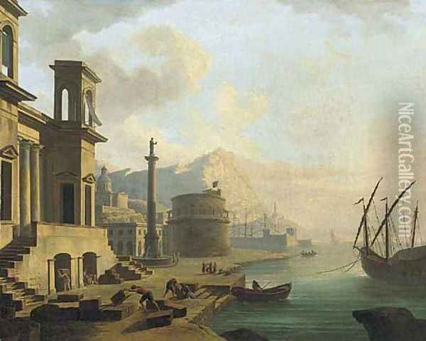 A capriccio of a Mediterranean harbour with stevedore's unloading wine Oil Painting - Adrien Manglard