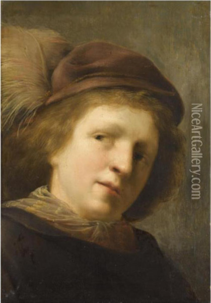 Portrait Of A Young Boy, Head 
And Shoulders, With His Head Cockedto The Left And Wearing A Plumed Hat Oil Painting - Pieter de Grebber