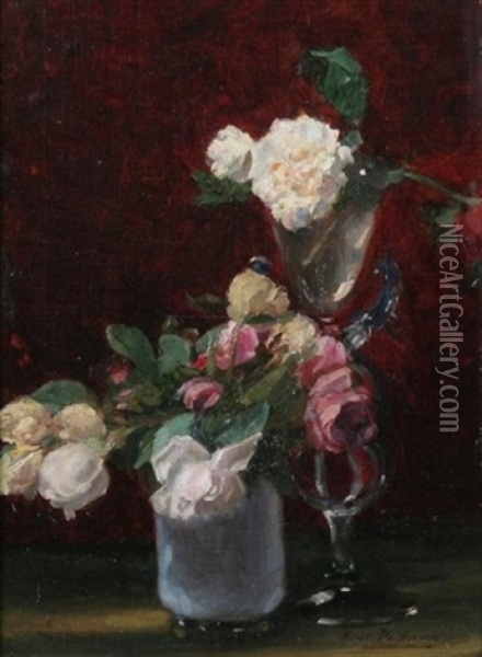 Roses And Glasses On A Tabletop Oil Painting - Marie De Bievre