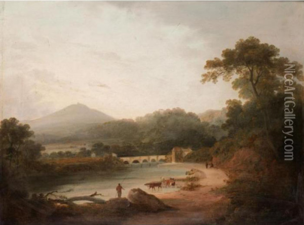 Figures And Cattle By A River Oil Painting - Julius Caesar Ibbetson