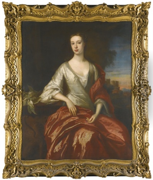 Portrait Of Lady Lucy Ridgeway, Countess Of Donegal, A Castle Beyond Oil Painting - Jonathan Richardson
