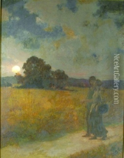 Two Figures In A Moonlit Field Oil Painting - Charles Emile Jacque