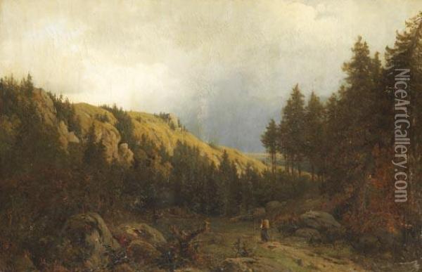 Harzlandschaft Mit Reisigsammlerin Oil Painting - Heinrich Ludwig Frische