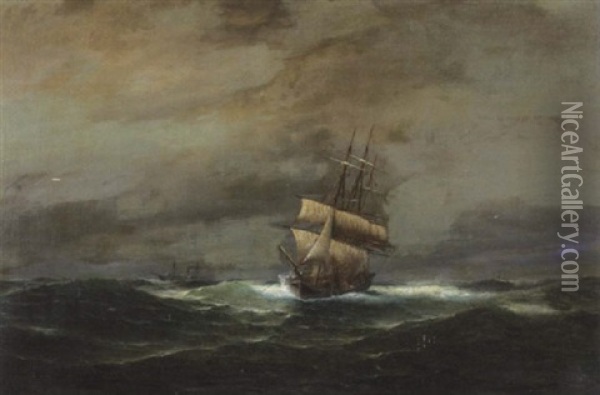 Vollschiff In Sturmischer See Oil Painting - Franz Johann (Wilhelm) Huenten