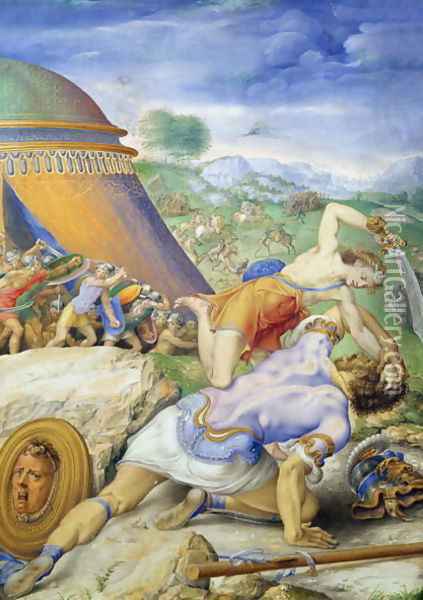 David and Goliath, c.1557-61 Oil Painting - Giorgio-Giulio Clovio