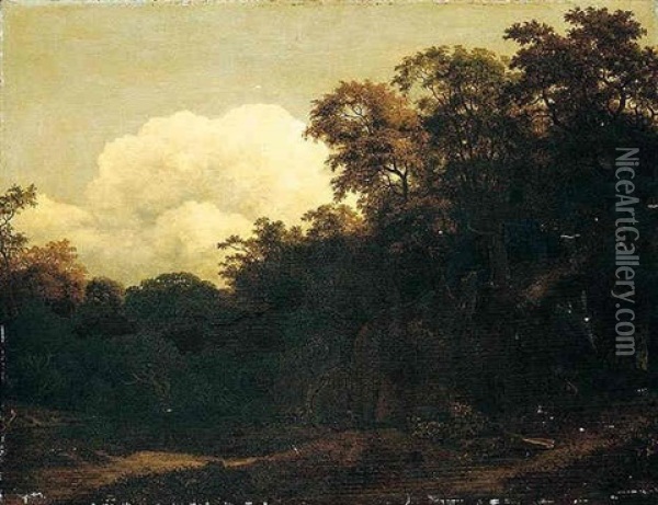 A Wooded Landscape Oil Painting - Cornelis Hendriksz Vroom