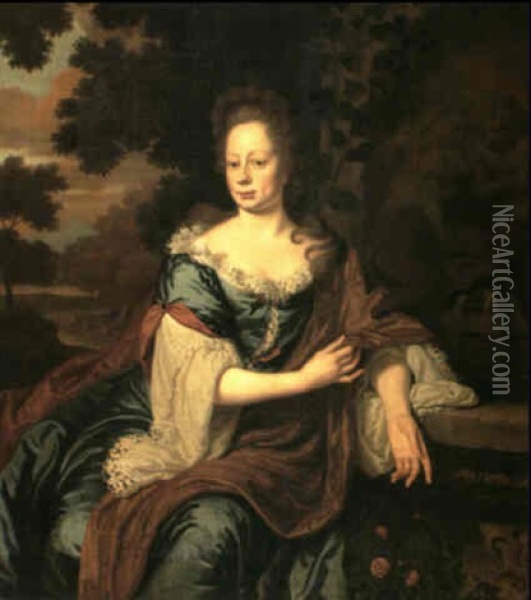A Portrait Of A Lady, Seated, Three Quarter Length Her Left Arm Resting Against The Edge Of A Fountain Trough Oil Painting - Michiel van Musscher