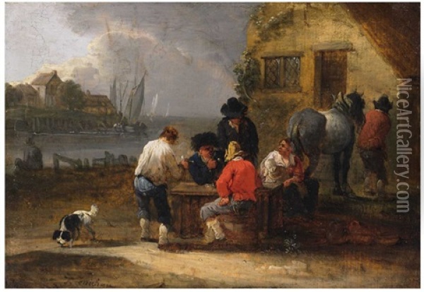 View Of A Harbour With Drinking Peasants Oil Painting - Theobald Michau