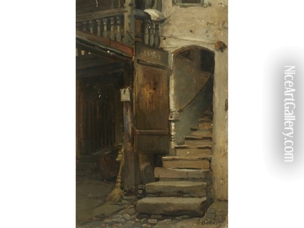 Rustic Stairwell On Cobblestone Path Oil Painting - Pietronella Peters