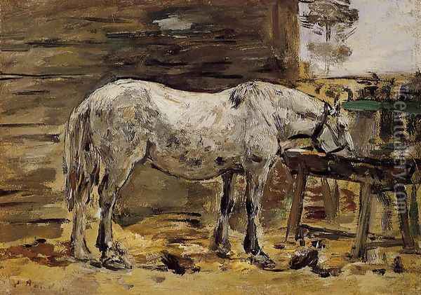 White Horse at the Feeding Trough Oil Painting - Eugene Boudin