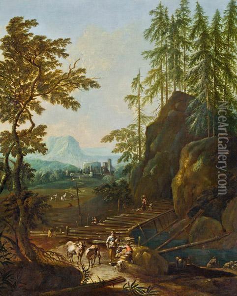 Italianisierende Landschaft Mit Brucke Und Weitem Ausblick Oil Painting - Anton Faistenberger