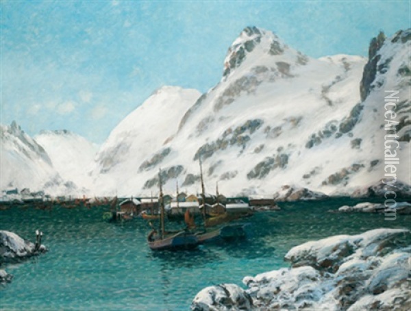 Hafen Im Winter (von Den Lofoten) Oil Painting - Sigvald Simensen