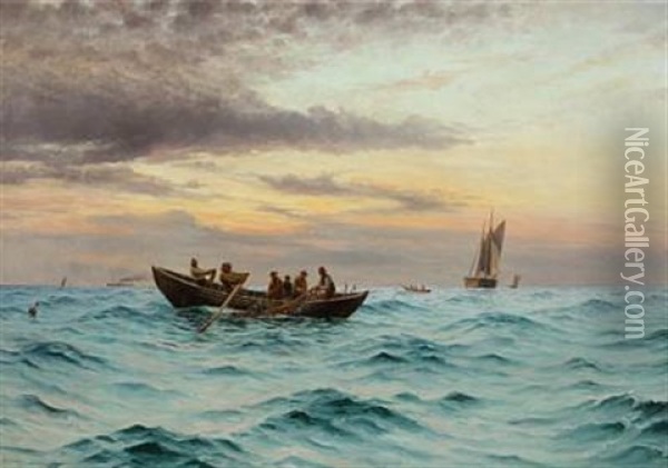 Fishermen At Sea In The Morning Light Oil Painting - Holger Luebbers