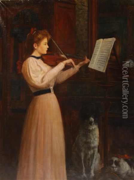 A Woman Playing A Violin Oil Painting - Leon Herbo