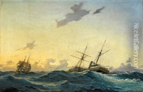 Schiffe In Sturmischer See Oil Painting - Daniel Hermann Anton Melbye