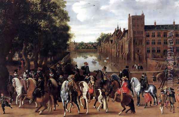 The Princes of Orange and Their Families Riding Out from the Buitenhof 1623-25 Oil Painting - Hendrick Ambrosius Packx