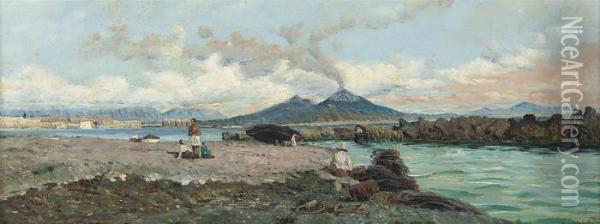 Relaxing On The Shore, Vesuvius Beyond Oil Painting - Gaetano Esposito