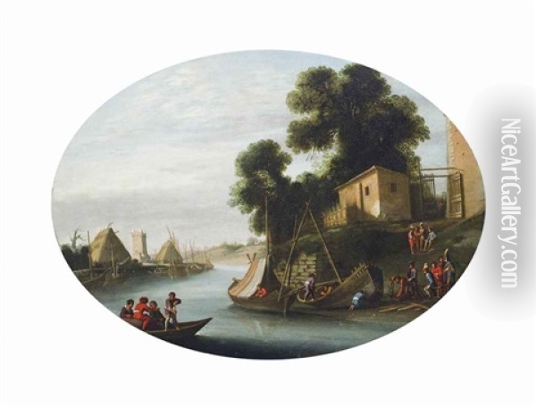 A River Landscape With A Ferry Crossing And Boat Builders At Work On The Bank Oil Painting - Agostino Tassi