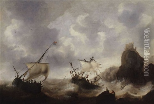 A Shipwreck In A Stormy Sea Oil Painting - Jacob Adriaenz. Bellevois