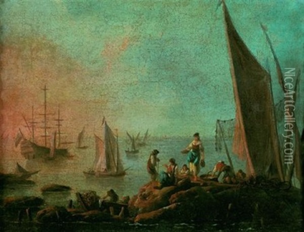 Pecheurs Portugais Sur Des Rochers Devant Leurs Bateaux Oil Painting - Jean Baptiste Pillement