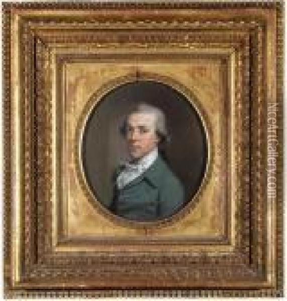 Portrait Of James Colyear 
Dawkins Of Standlynch, Bust-length, In Ablue-green Coat, With White 
Stock, Oval Oil Painting - Hugh Douglas Hamilton