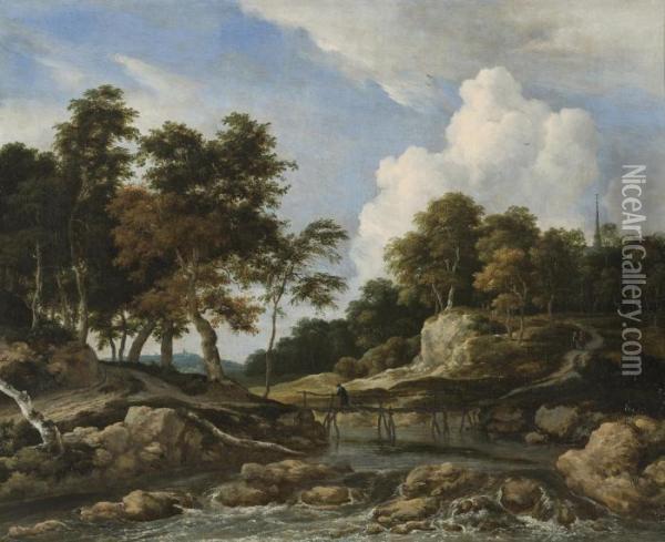 A Wooded River Landscape With A Bridge, A Church Beyond Oil Painting - Jacob Van Ruisdael