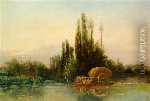 La Charrette De Foins Au Passage Du Bac Oil Painting - Theophile Victor Emile Lemmens