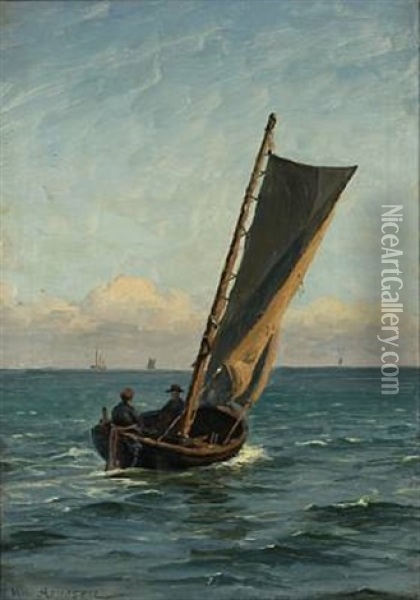 Seascape With Two Fishermen In A Sailing Boat Oil Painting - Vilhelm Karl Ferdinand Arnesen