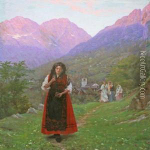 An Italian Mountain Scenery With Young Girls Oil Painting - Camillo Merlo