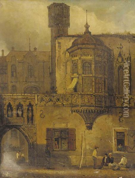 Figures Outside A Continental Courtyard Oil Painting - Samuel Prout