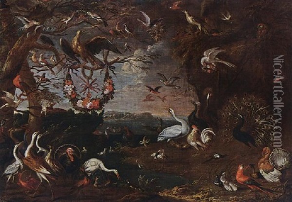 An Allegory Of The Order Of The Knights Of Malta With An Eagle, Herons, Turkeys, A Cockatoo, A Spoonbill, A Jay, Pheasants, Hoopoes, Pigeons, Ducks, A Lapwing, Owls, And Other Birds All In A Landscape Oil Painting - Jan van Kessel