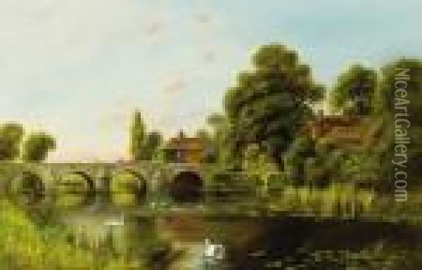 Swans By The Bridge Oil Painting - William Langley