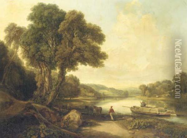 Figures Towing The Barge Pennsylvania Upstream In A Riverlandscape Oil Painting - Henry Brittan Willis
