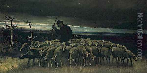 shepherd with a flock of sheep 1884 Oil Painting - Vincent Van Gogh
