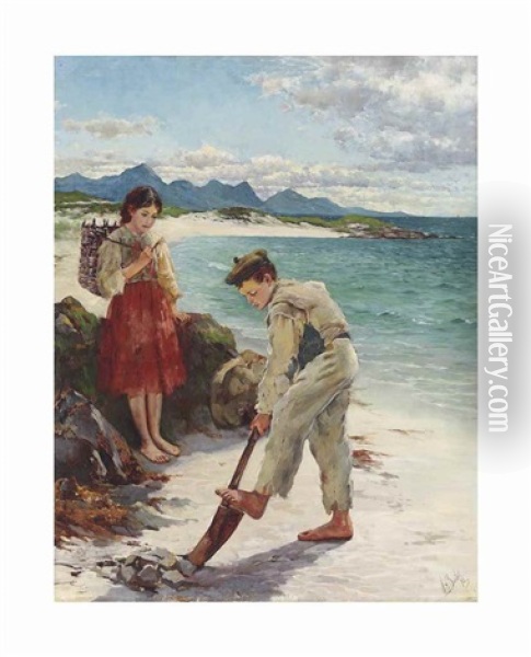 On The Beach, Connemara Oil Painting - William H. Bartlett