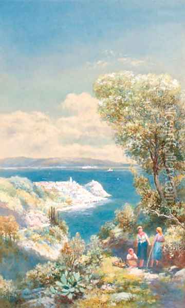 Figures on a track overlooking Scyla, Calabrih at the entrance of the straits of Messina Oil Painting - Charles Rowbotham