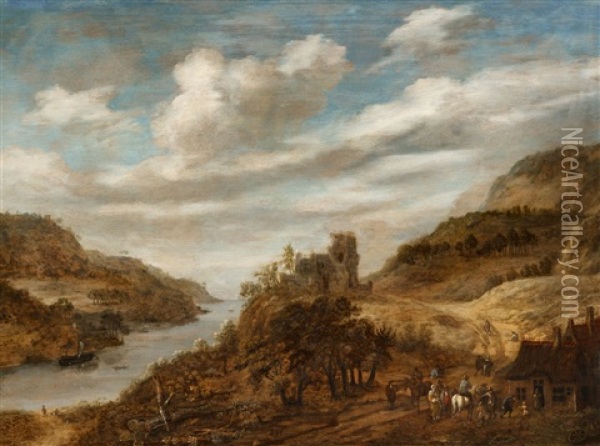 A River Landscape Oil Painting - Dionys Verburgh