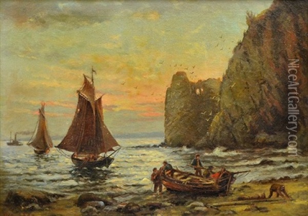 Fishing Boats Coming Ashore At Sunset Oil Painting - Alexis Matthew Podchernikoff