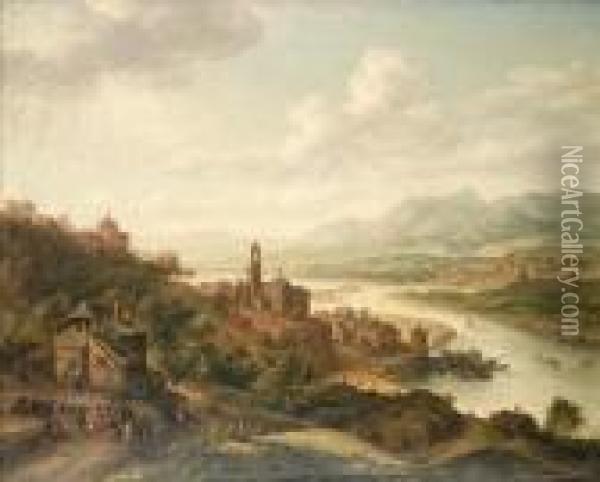 A Rhenish River Landscape With Figures Dancing Before A Village Inn Oil Painting - Robert Griffier