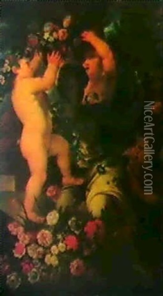 Putten Schmucken Eine Antike Statue. Oil Painting - Abraham Brueghel