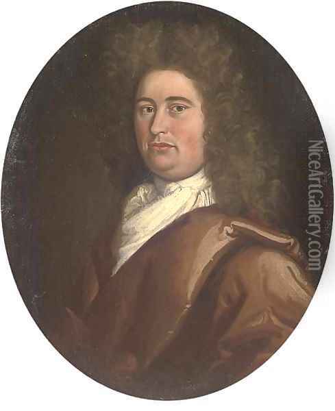 Portrait of a gentleman, bust-length, in a brown coat and white necktie Oil Painting - Johann Closterman