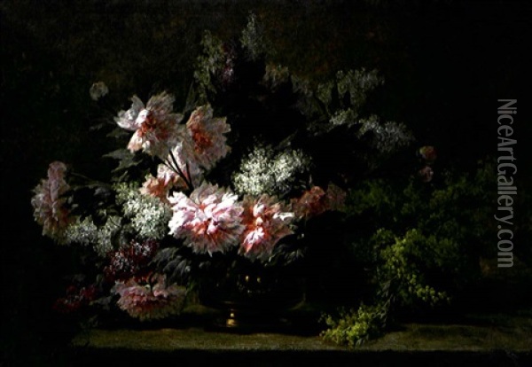 Pivoines Et Mimosa Dans Un Vase En Cuivre Oil Painting - Paul Biva