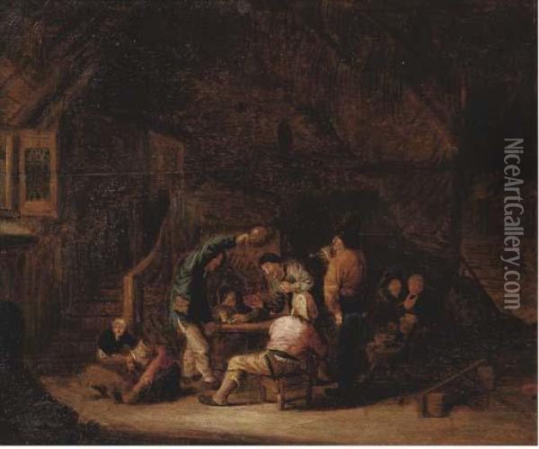 Boors Smoking And Drinking In A Barn Oil Painting - Adriaen Jansz. Van Ostade