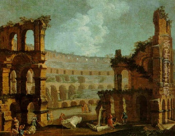 Rome: A Capriccio Of The Colosseum With Figures Examining Pieces Of Ancient Sculpture Oil Painting - Pietro Francesco Garoli