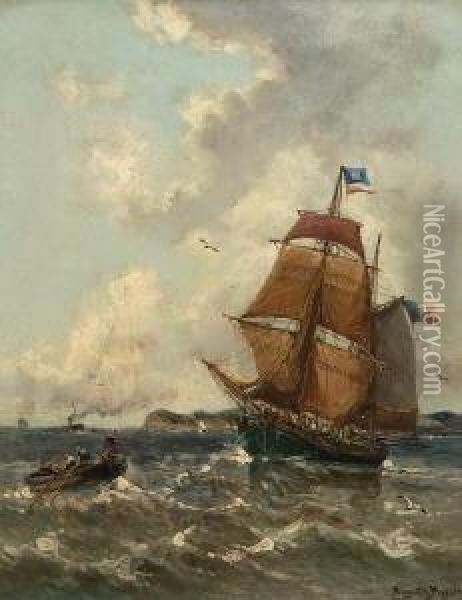 Zweimaster Mit Beiboot Auf
 Bewegter See. Oil Painting - Auguste Henri Musin
