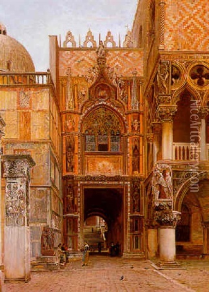 La Porta Della Carta Nel Palazzo Ducale, Venezia Oil Painting - John Wharlton Bunney