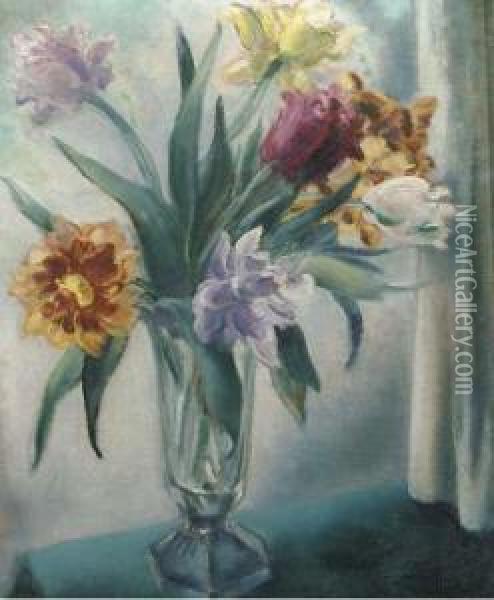 A Still Life With Tulips In A Glass Vase Oil Painting - Mommie Schwarz